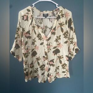 Bobeau Cream and Pink Floral Blouse